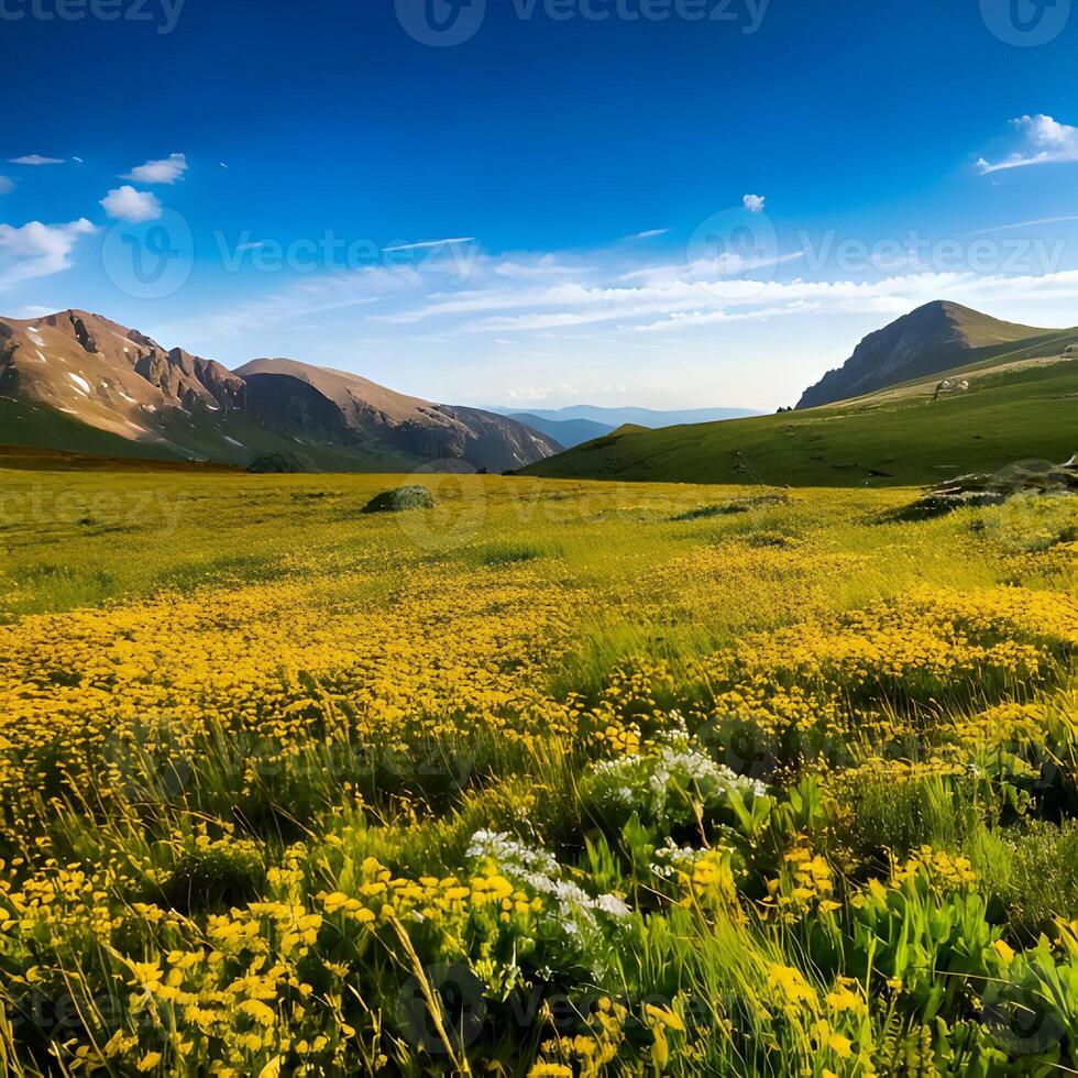 Vibrant Yellow Wildflowers in an Alpine Meadow with Mountain Background photo