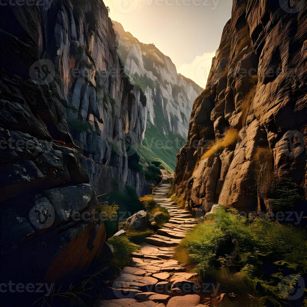 Stone Path Through a Mountain Valley at Sunset photo
