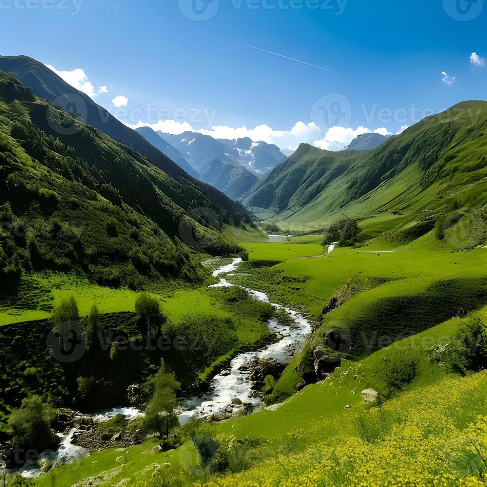 Serene Mountain Valley Landscape With River And Lush Green Meadows photo
