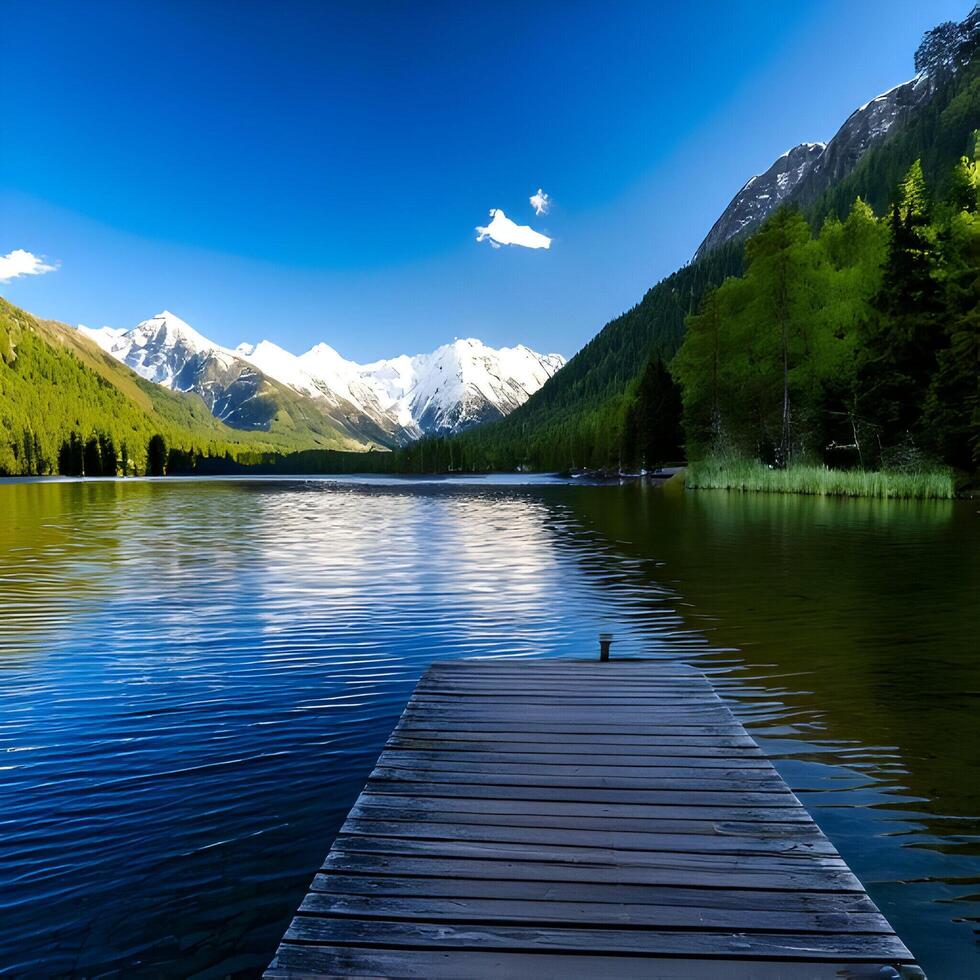 Serene Mountain Lake with Wooden Dock and Stunning View photo