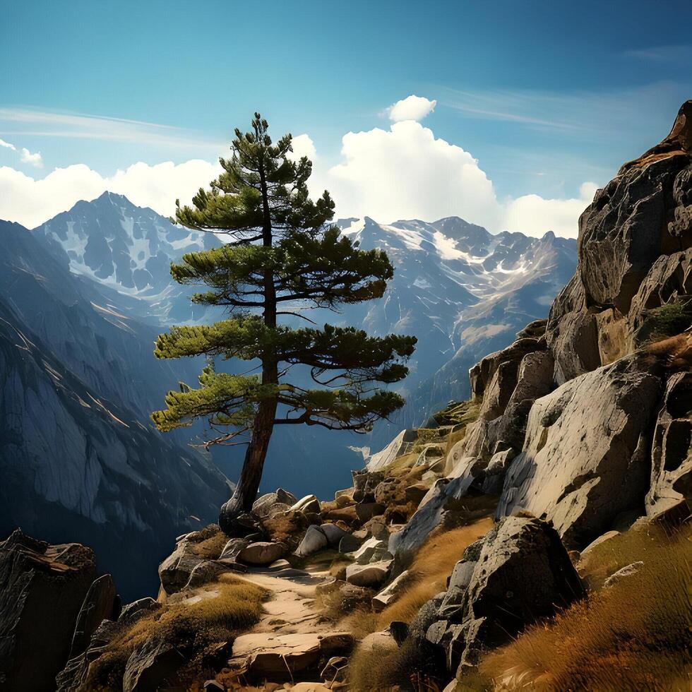 Lone Pine Tree on Mountain Path Scenic Landscape photo