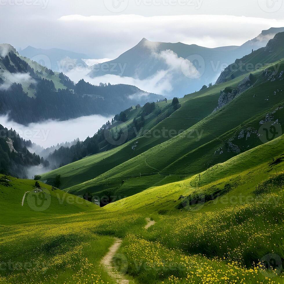 Serene Green Mountain Valley Landscape with Fog and Path photo