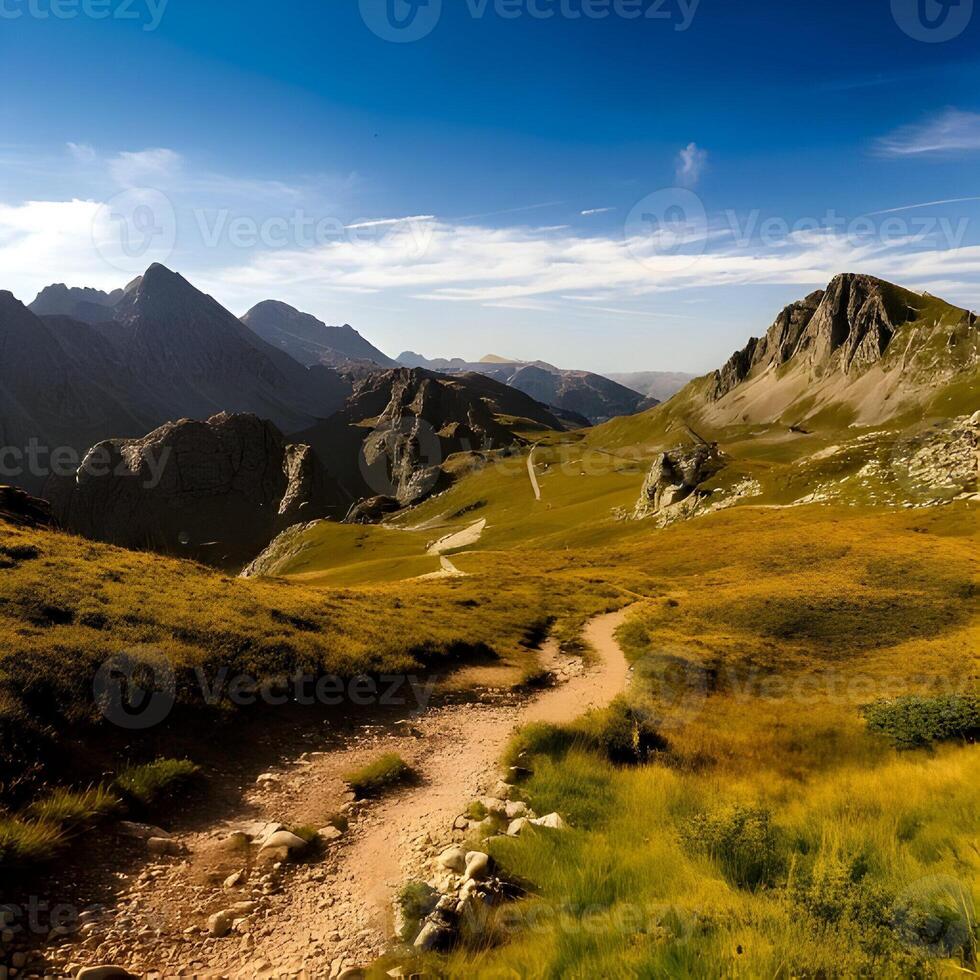 Sunny Mountain Landscape with Winding Trail photo