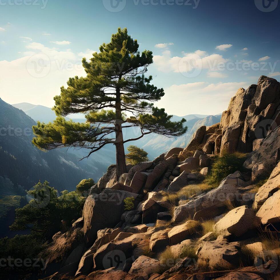 Solitary Pine Tree on Rocky Mountaintop Scenic View photo