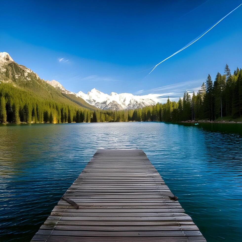 Serene Mountain Lake Landscape with Wooden Dock photo