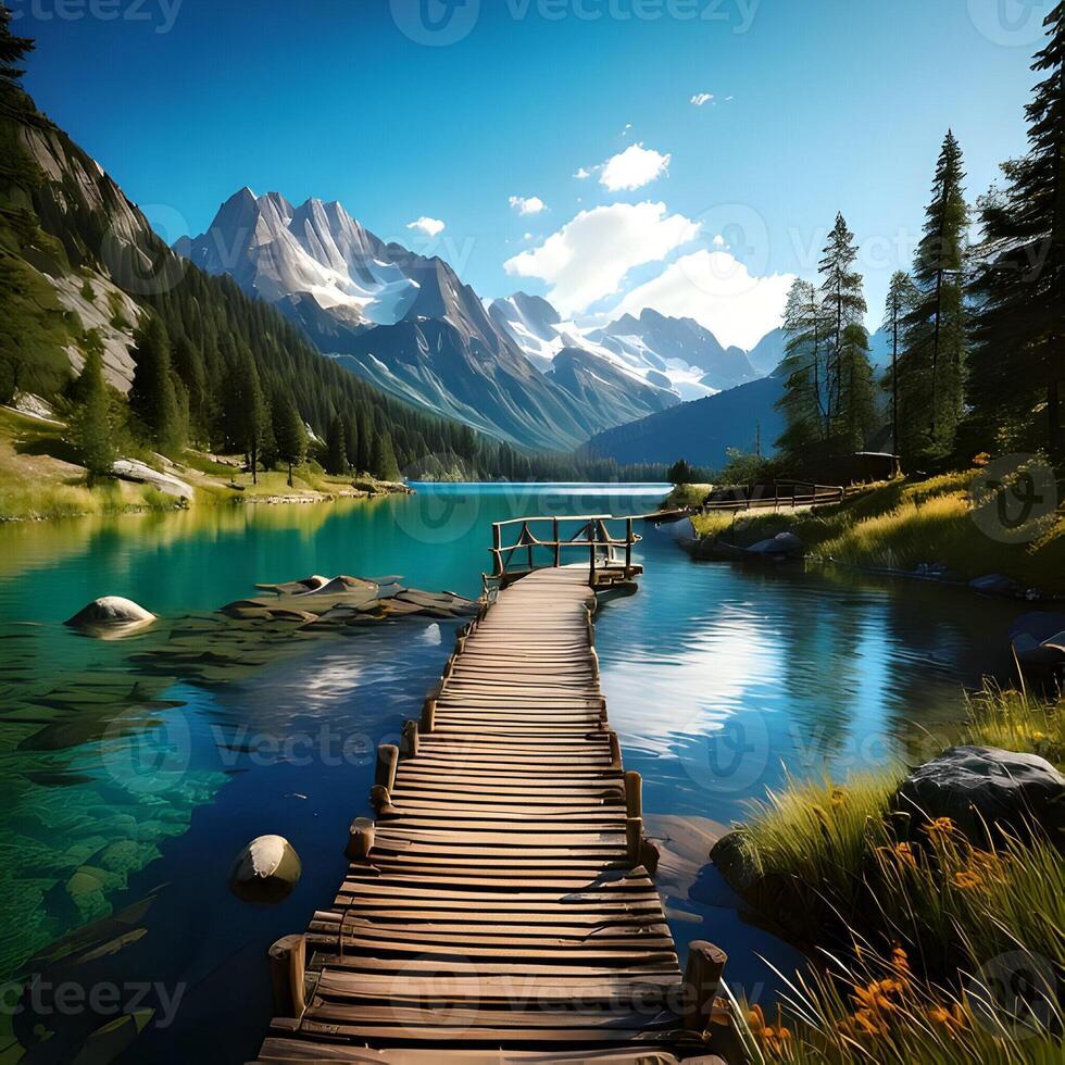 Serene Alpine Lake Landscape with Wooden Dock photo