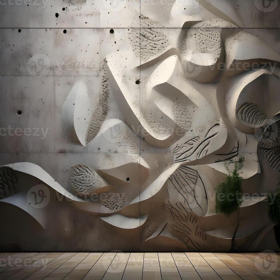 Abstract Gray Concrete Wall Sculpture with Organic Relief Texture photo