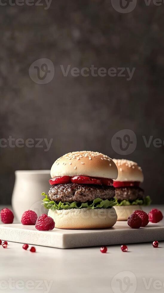 Mini burgers with fresh ingredients served on a wooden board for a cookbook recipe feature photo