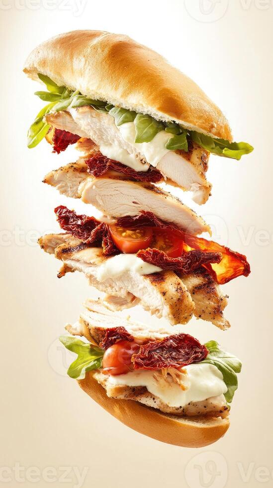 Floating grilled chicken sandwich with fresh mozzarella and sun-dried tomatoes in a dynamic display of ingredients photo