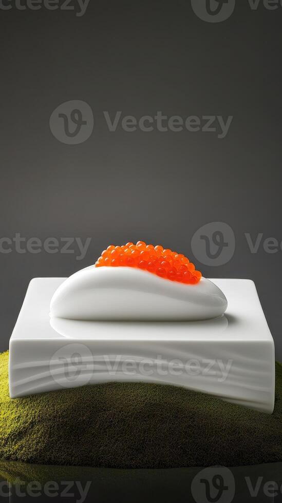 Minimalist presentation of red caviar on a porcelain slab with verbena foam at a contemporary dining experience photo