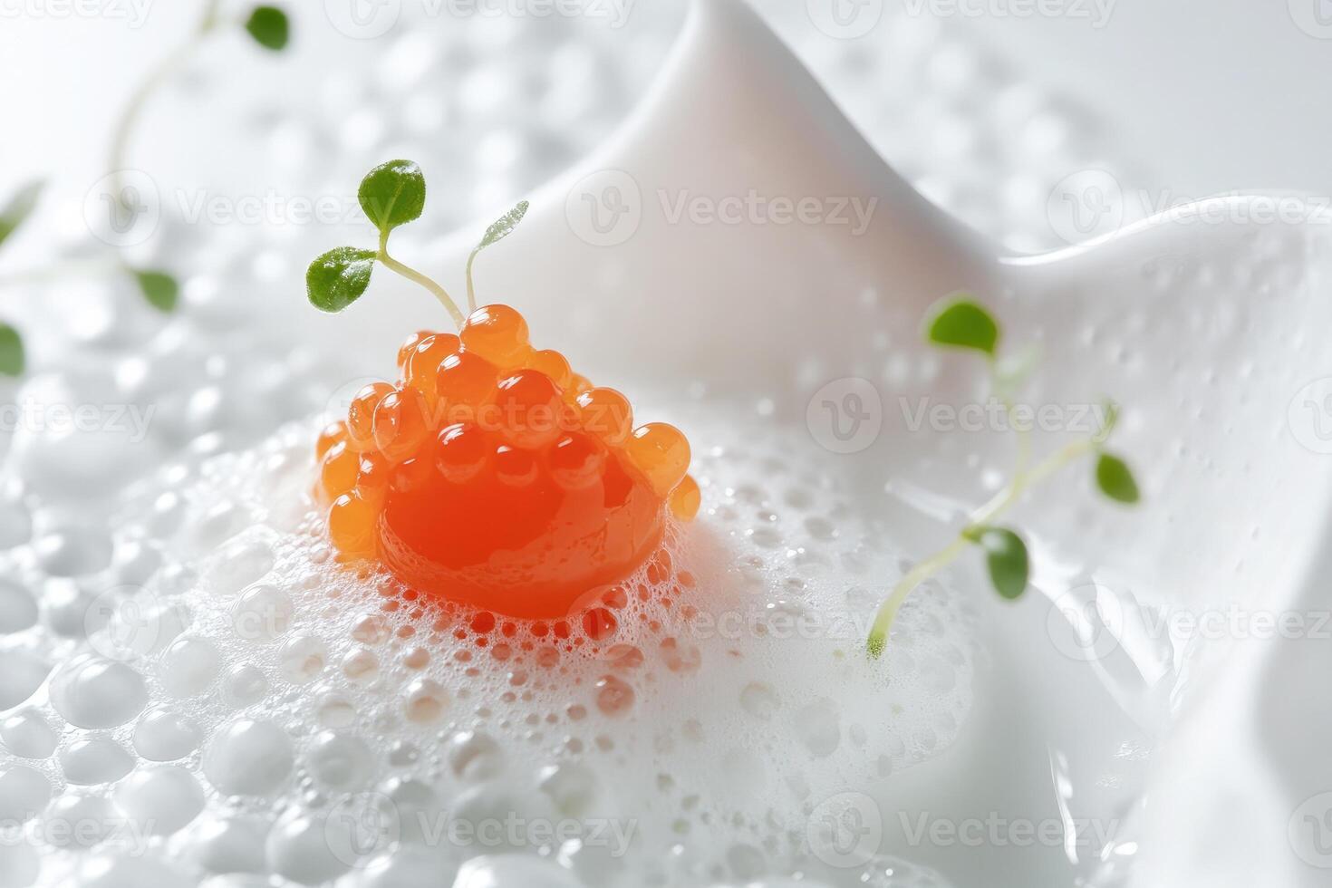 Minimalist presentation of red osetra caviar on porcelain with verbena-infused foam detailing in soft lighting photo