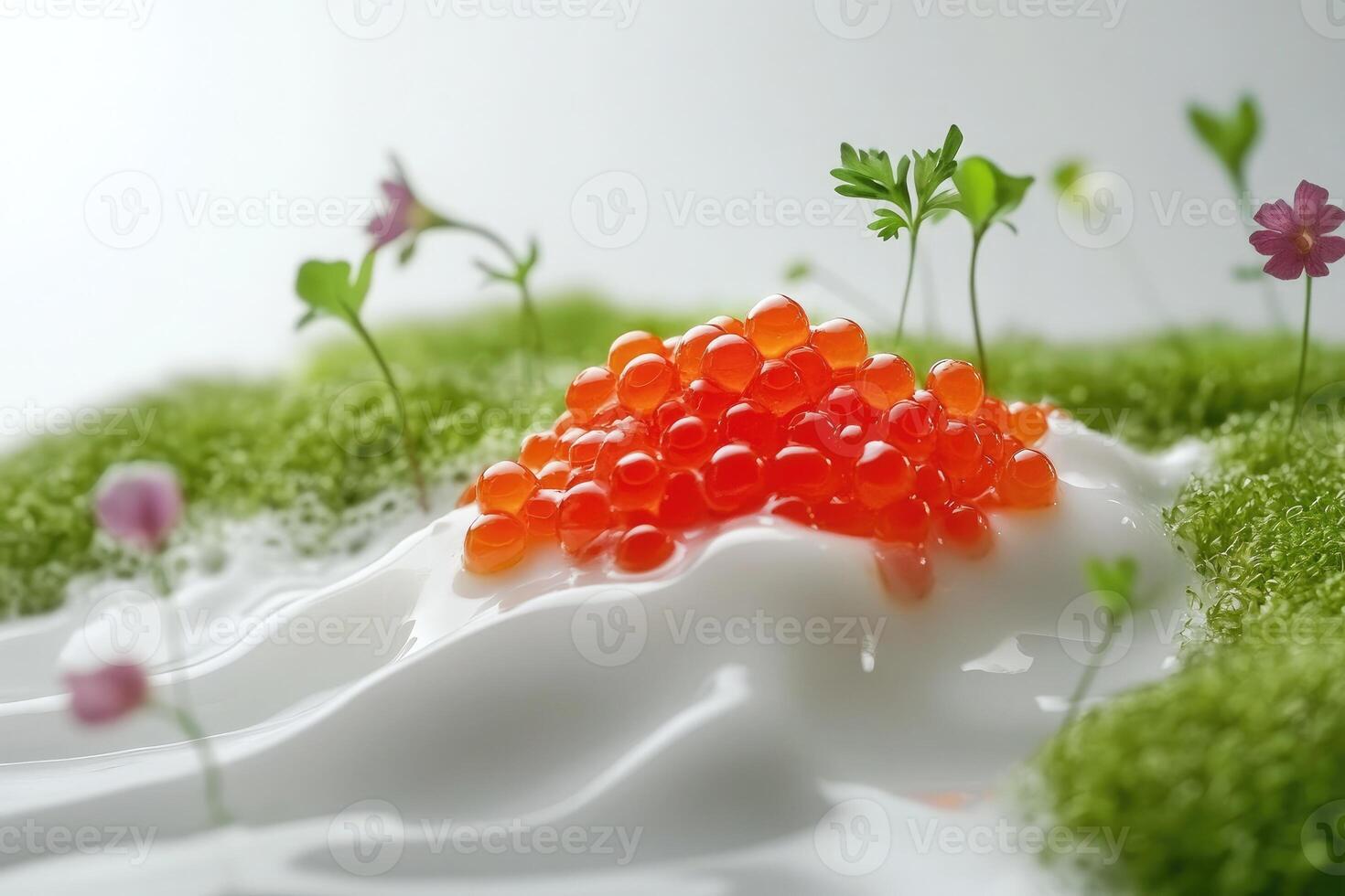 Delicate presentation of red caviar on porcelain with microgreens and verbena foam photo