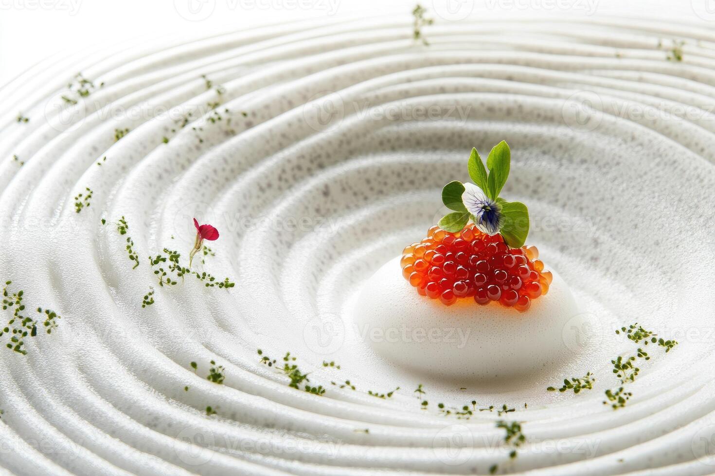 Delicate red osetra caviar atop porcelain slab with verbena foam creates an artistic culinary display photo