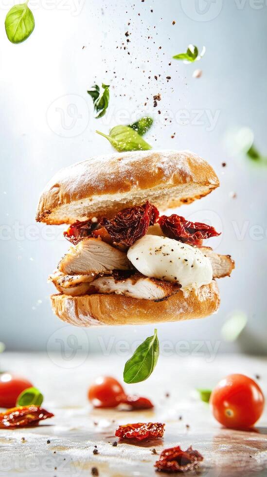 Floating sandwich with grilled chicken, mozzarella, and sun-dried tomatoes in a bright and lively setting photo