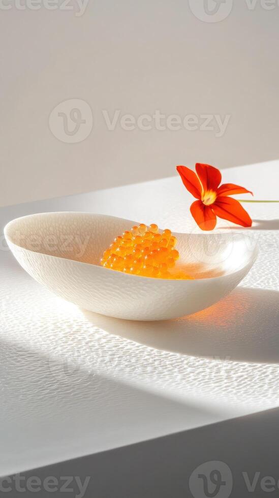 Golden Osetra caviar on porcelain slab with verbena foam and nasturtium petals photo