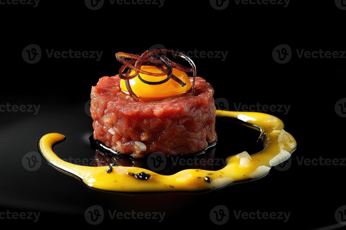 Intricate Wagyu tartare served with smoked egg yolk and aged soy reduction on a matte-black plate photo
