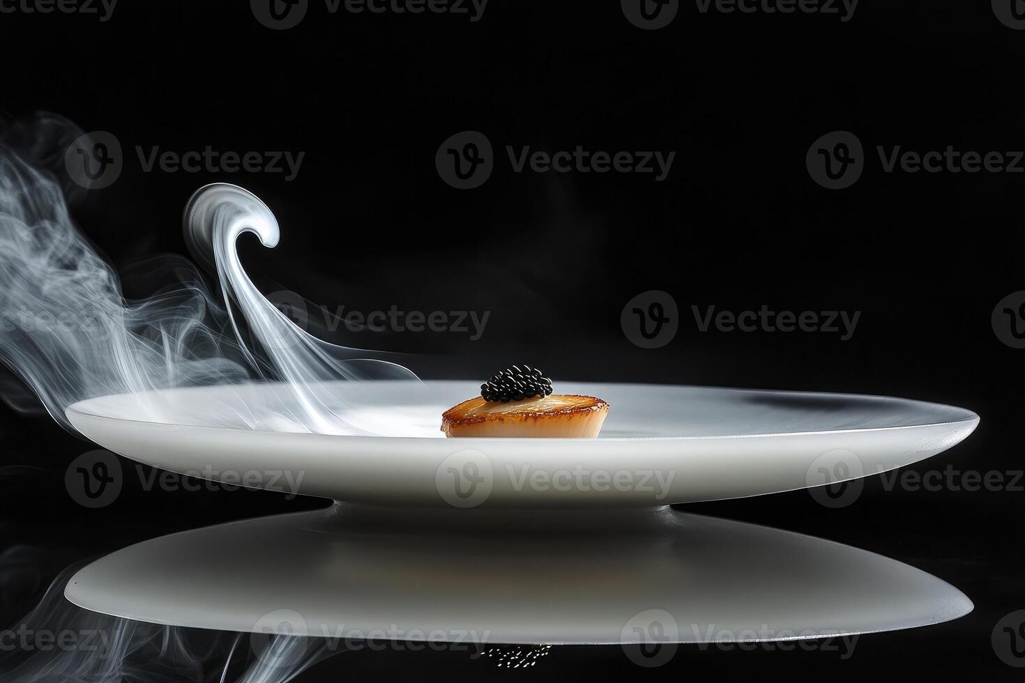 Gourmet dish featuring a seared scallop on yuzu gel with black caviar and yuzu air elegantly presented in fine dining style photo