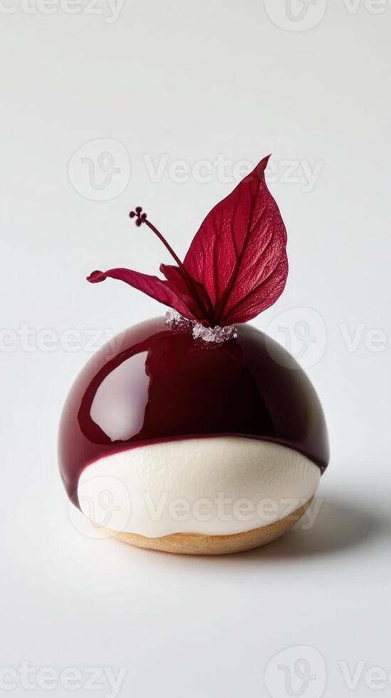 Minimalist profiterole with vanilla cream and tropical guava ganache topped with crystallized hibiscus petal for dessert lovers photo