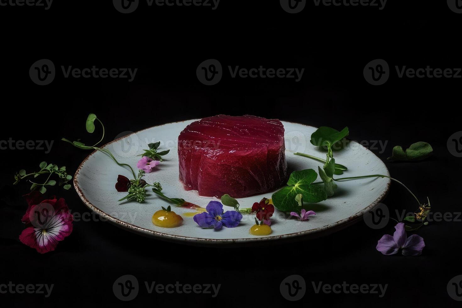 Elegant presentation of hand-cut bluefin tuna tartare with hibiscus air and edible flowers photo