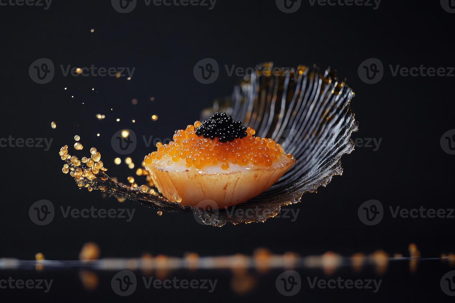 Golden-brown seared scallops on silky yuzu beurre blanc with black caviar and seaweed tuile garnish photo