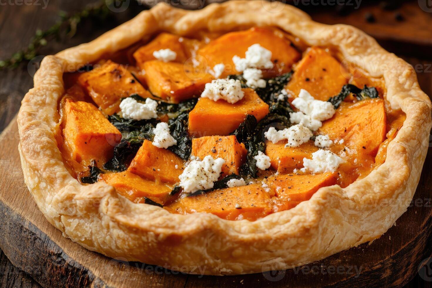 Rustic vegetarian pie with sweet potatoes, spinach, and goat cheese filling in warm autumnal setting photo