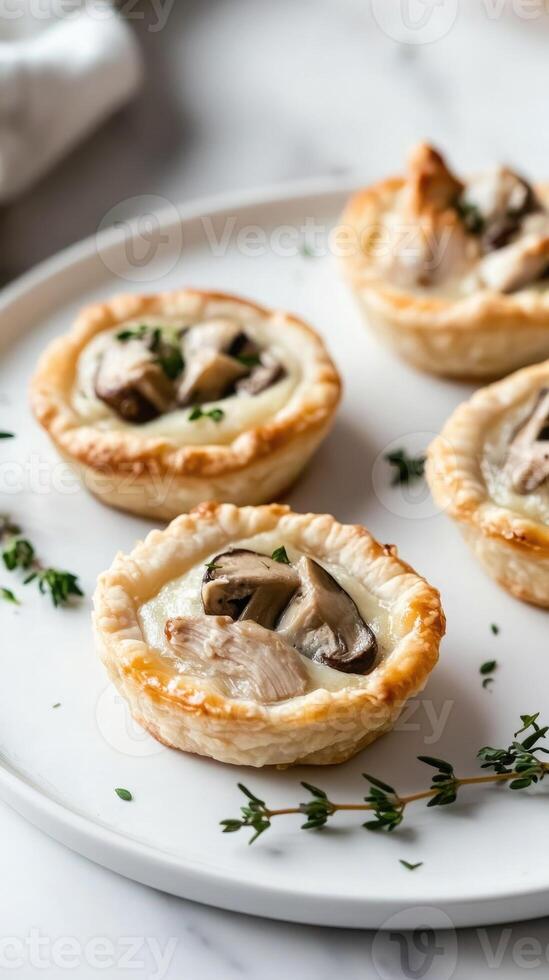 Savory mini chicken and mushroom quiches displayed on a white ceramic plate with fresh thyme garnishing photo
