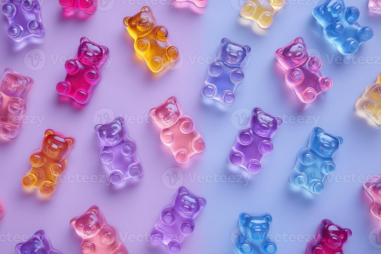 Bright, translucent gummy bears in various colors are evenly spread across a soft pastel background. The playful arrangement creates a cheerful and whimsical atmosphere, showcasing their charm. photo