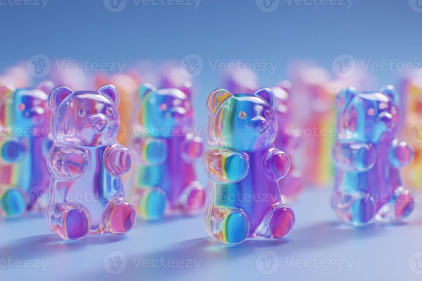 A group of translucent, colorful gummy bears stands in formation against a gradient background. The bears reflect light, showcasing various hues and a playful design that draws attention. photo