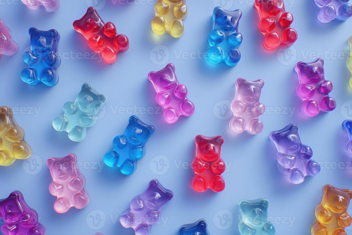 Various gummy bears in multiple colors are arranged on a blue surface. The shiny candies reflect light, creating an appealing and playful atmosphere that invites indulgence. photo