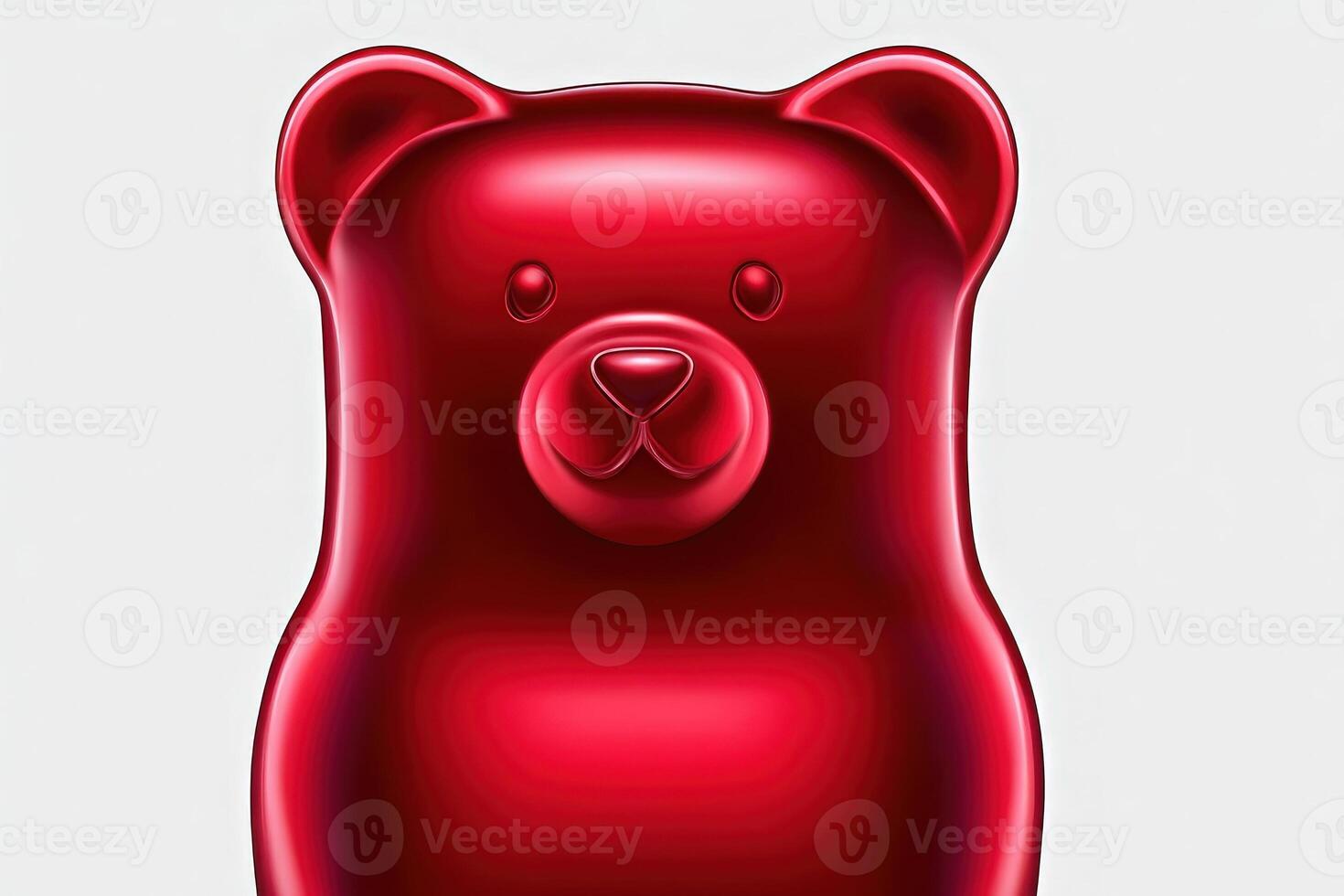 A large red gummy bear is centered against a plain grey background, showcasing its shiny, gelatinous texture. The bears cute features stand out, making it visually appealing and playful. photo