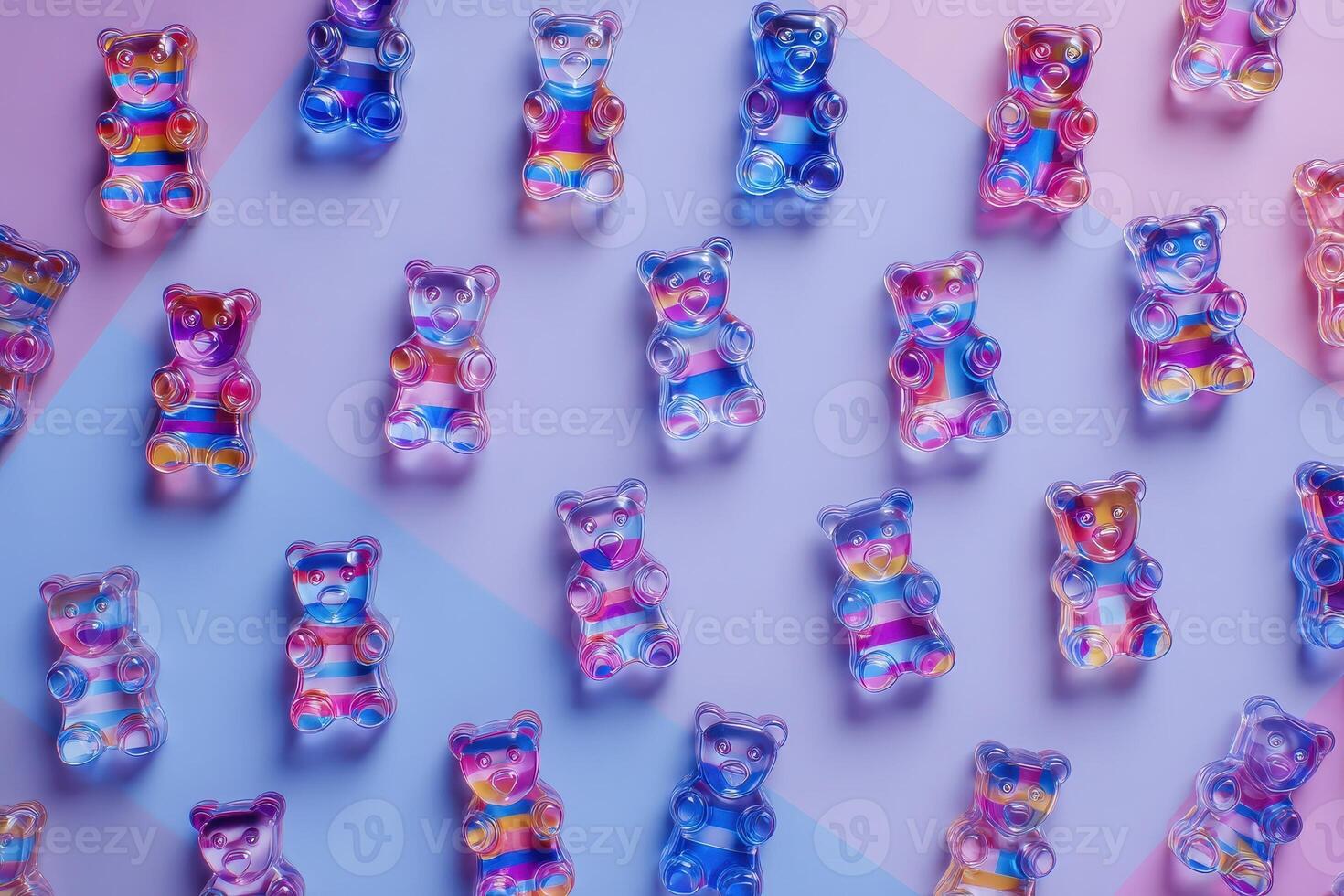 A vibrant array of gummy bears in various hues is displayed on a pastel-colored surface. The playful arrangement showcases the transparent candies reflecting light, creating a cheerful atmosphere. photo
