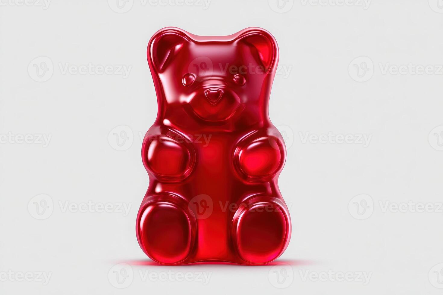 A large red gummy bear sits upright with a shiny surface, showcasing its distinct features. The bears bright color and soft texture make it inviting, emphasizing a fun and playful design. photo