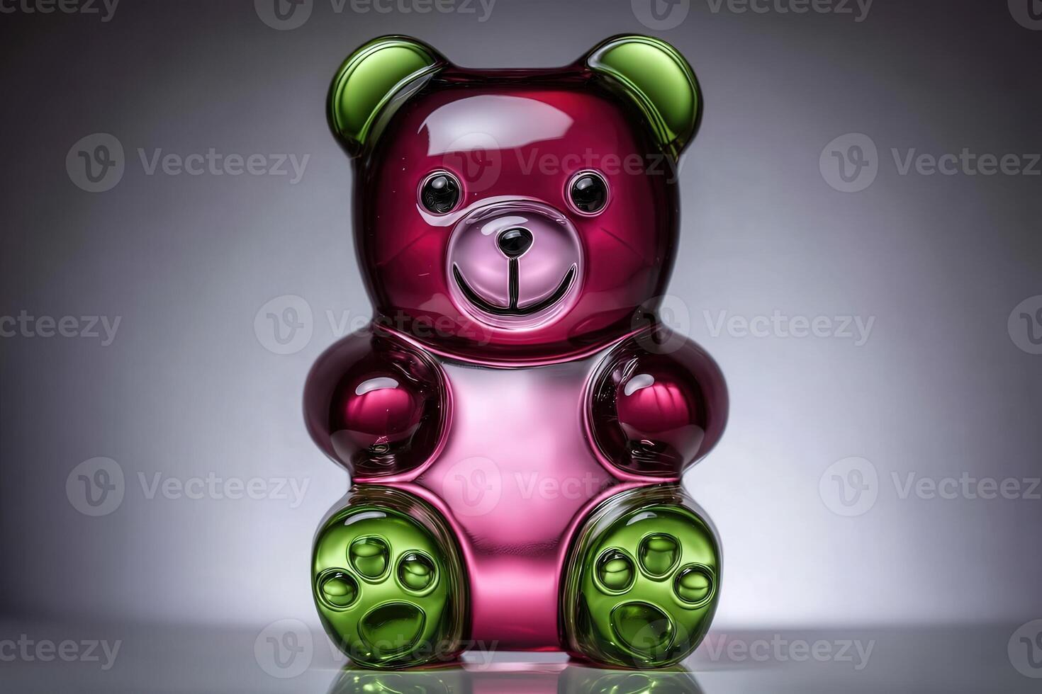 A bear figurine made of transparent material sits upright, blending shades of purple and green. Its cheerful expression and playful design create a fun, whimsical atmosphere in the display. photo