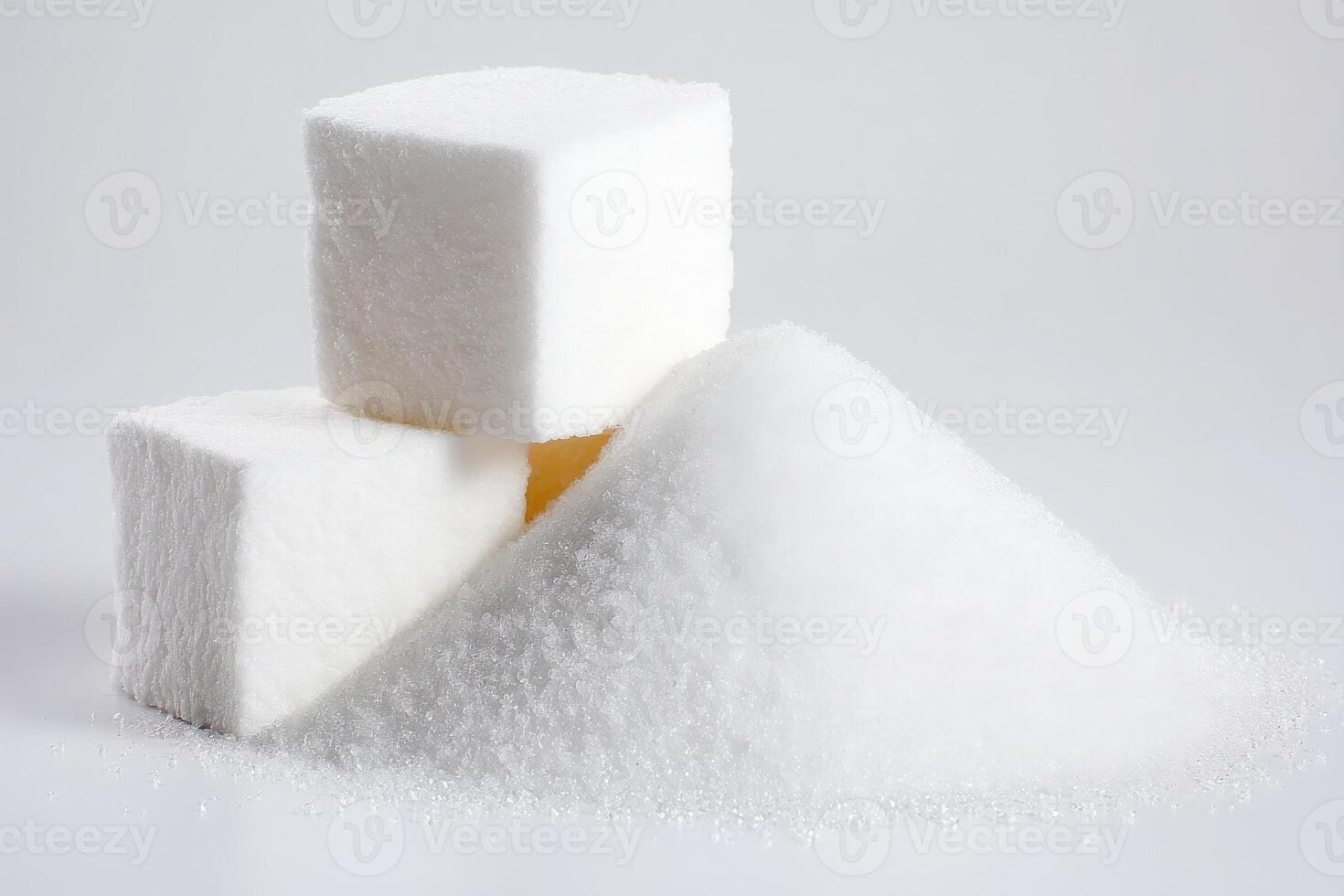Two sugar cubes sit atop a mound of granulated sugar, highlighting the fine texture of the sugar. This image showcases a common ingredient used in many recipes, ideal for cooking or baking. photo