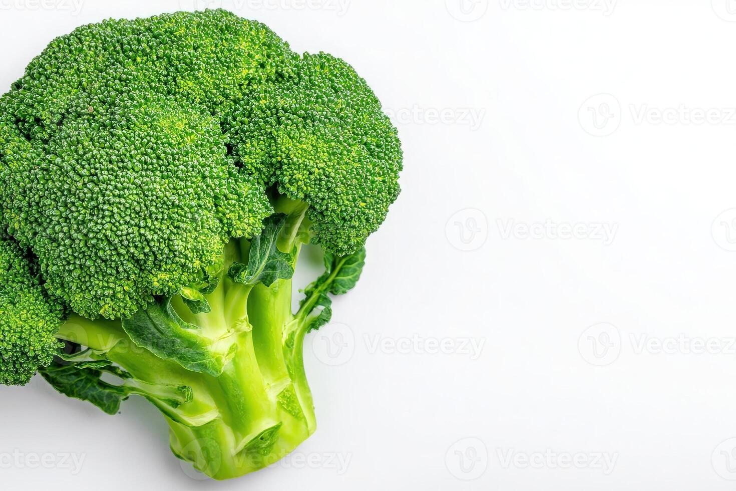 Large, vibrant broccoli with dense florets sits against a plain white background, showcasing its fresh green color. photo