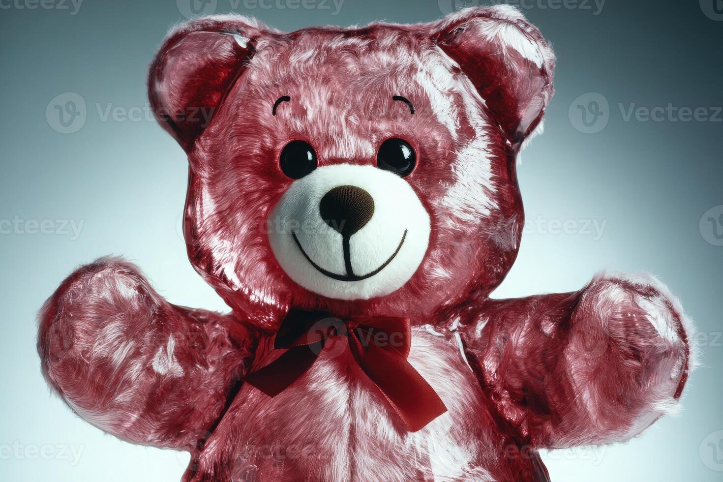 A cute pink teddy bear stands center stage, showcasing its fluffy texture and friendly face. The bears cheerful eyes and red bow create a warm, inviting atmosphere perfect for gifts or decor. photo
