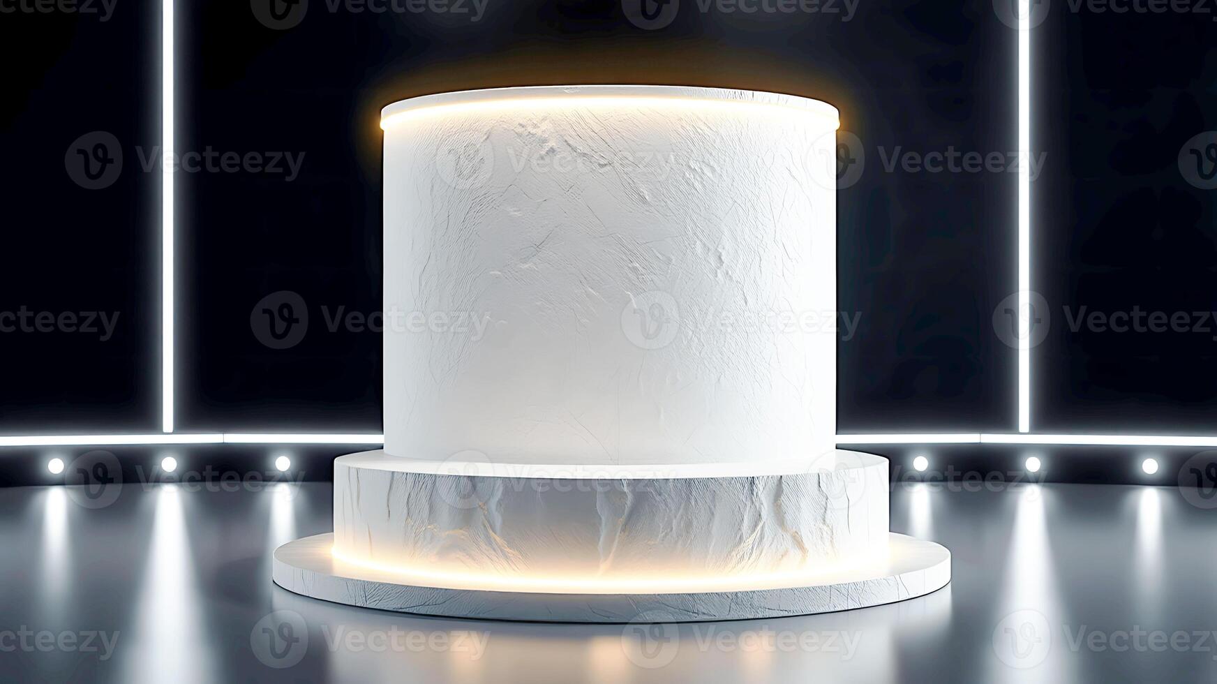 Illuminated white cylindrical pedestal with textured surface in dark setting photo