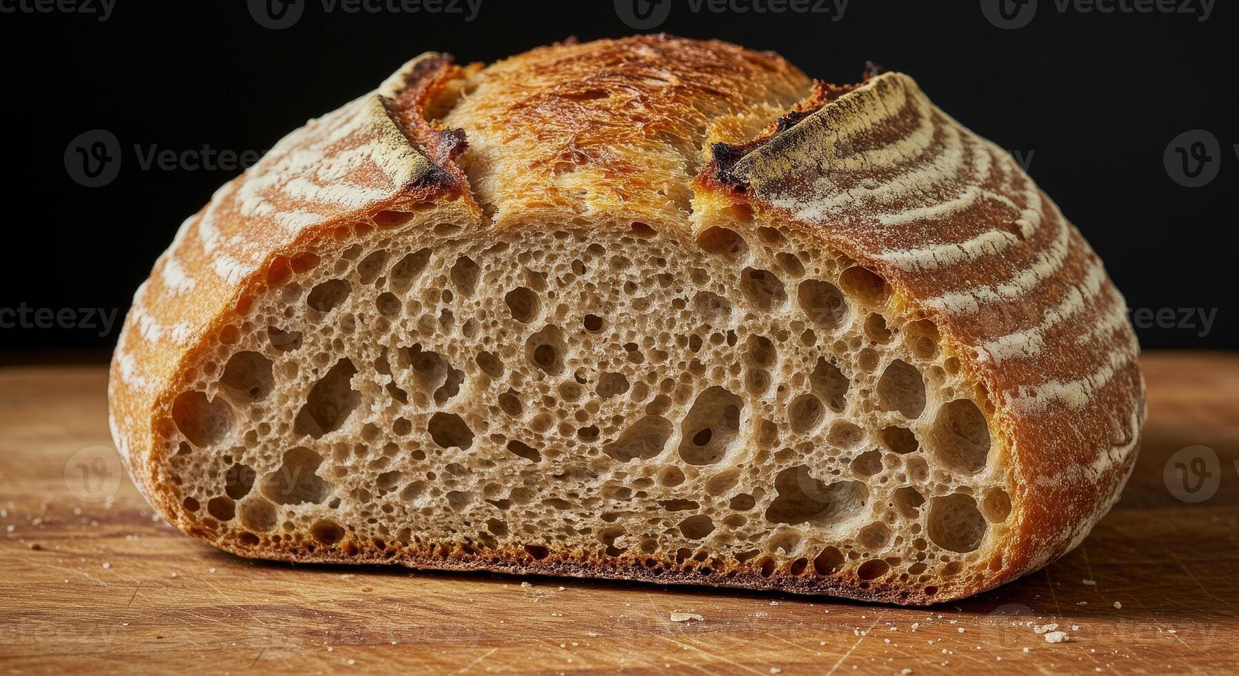 Half loaf of artisan sourdough bread displaying its porous crumb texture on wooden cutting board photo