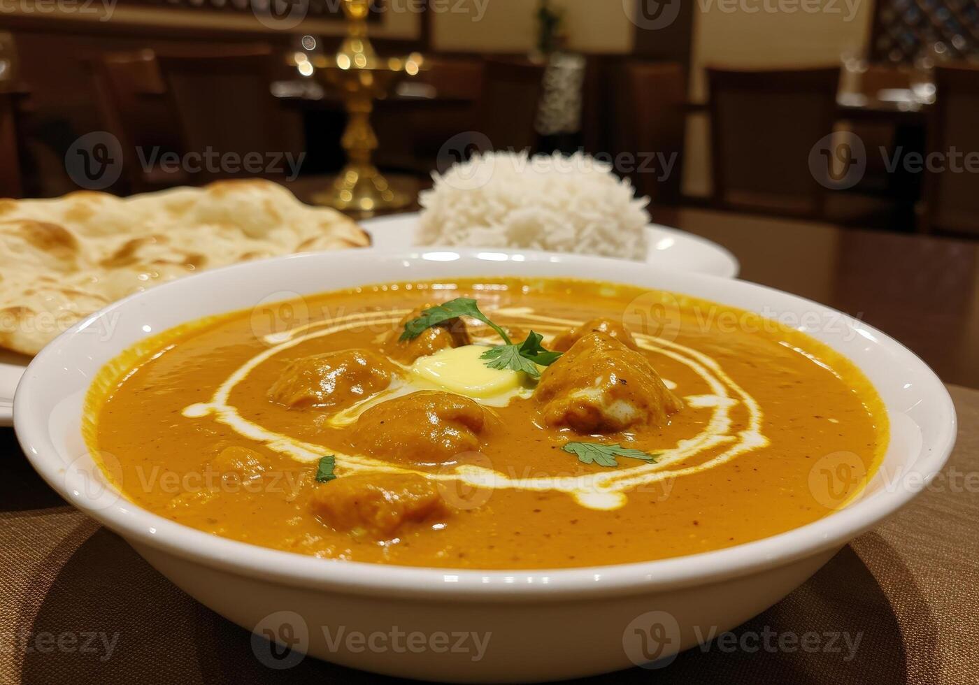 Delicious Indian Butter Chicken creamy sauce dish. Served in bowl with restaurant interior photo