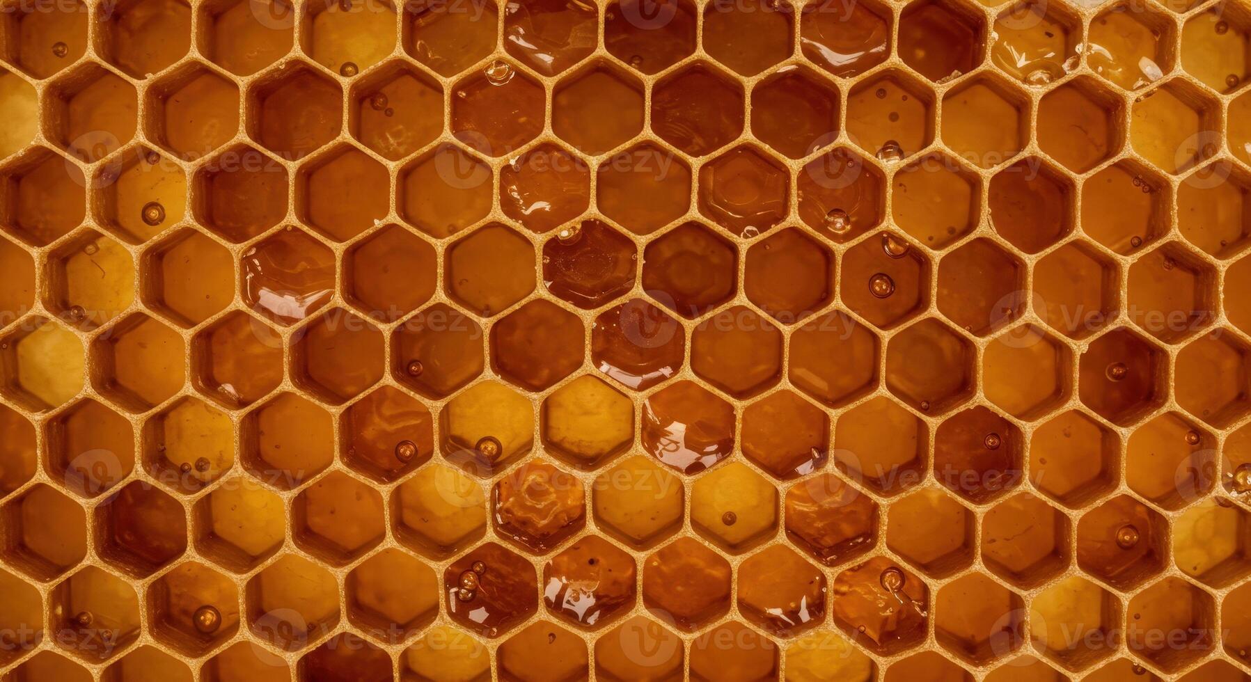 Honeycomb texture background with fresh golden honey in hexagonal cells macro top view full frame photo