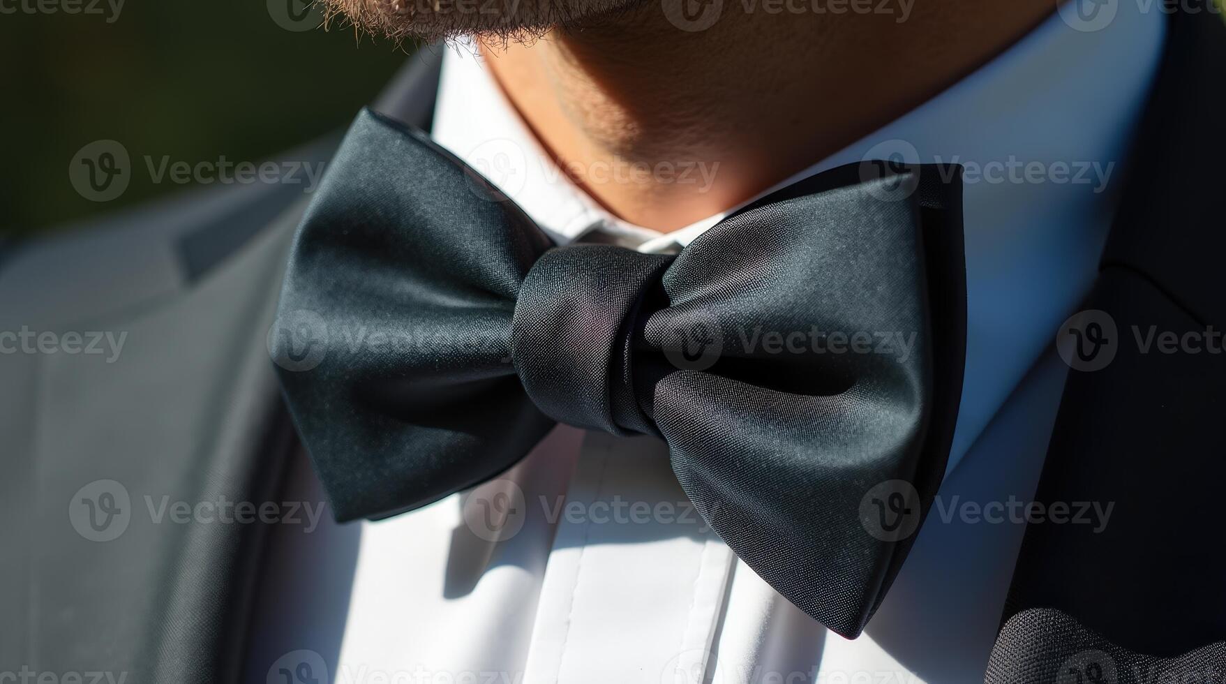 Close-up view of a man's neck showcasing an intricately crafted bowtie photo
