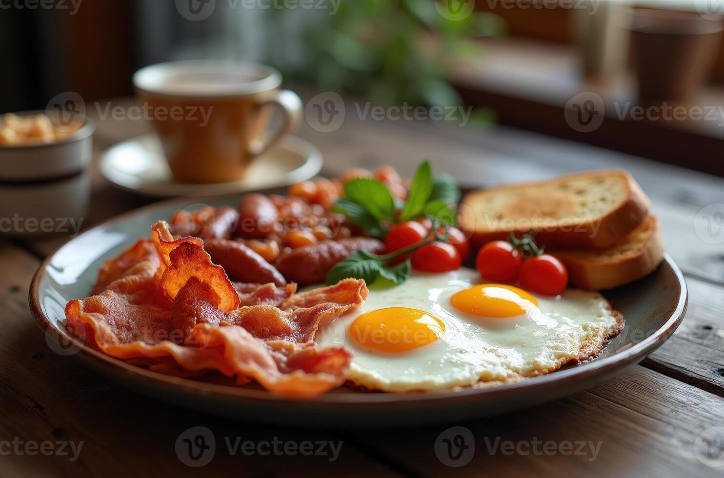 Classic English breakfast with eggs, bacon, beans, and toast on a wooden table photo