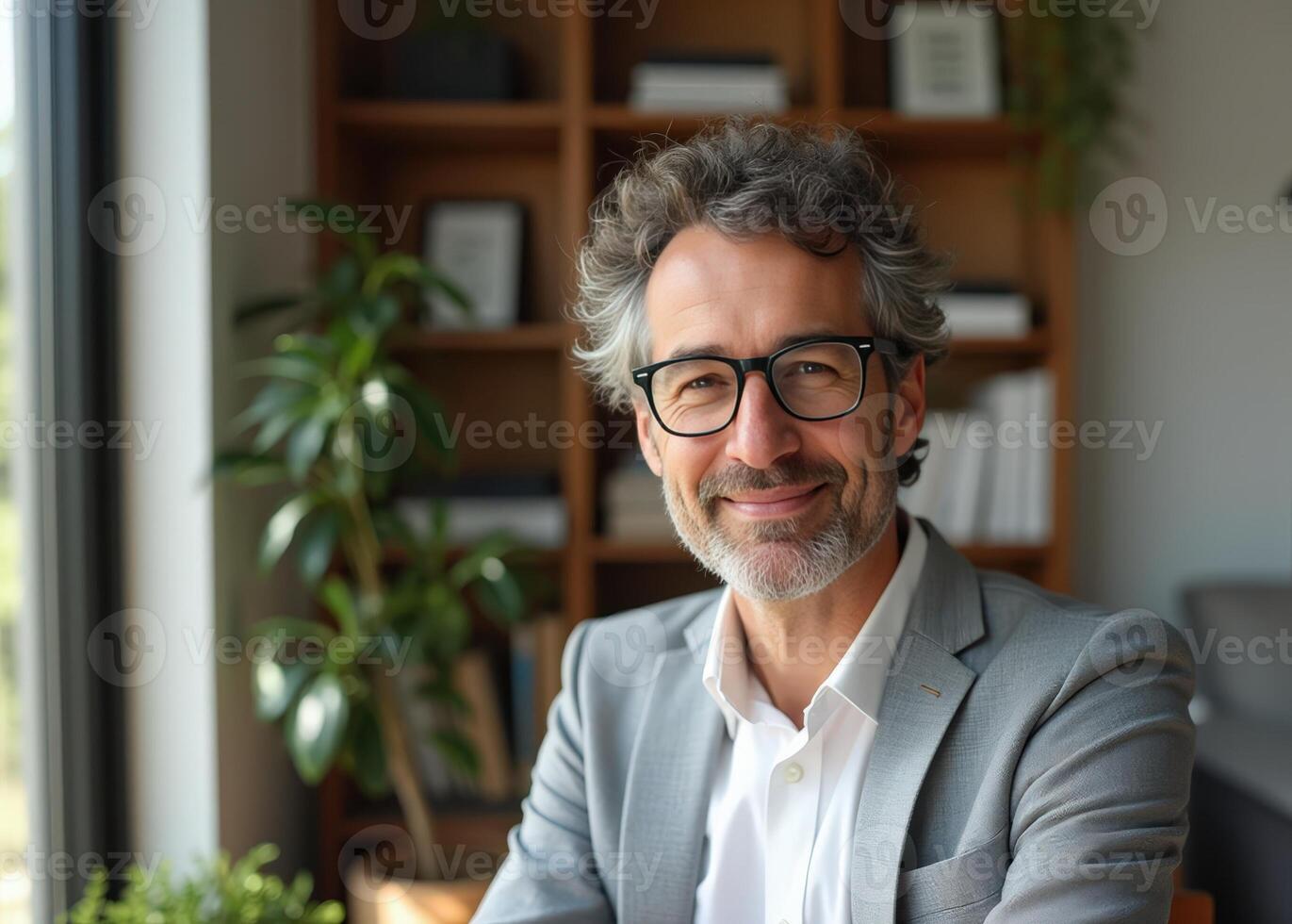 Smiling man posing in modern office with green plants and bookshelves photo