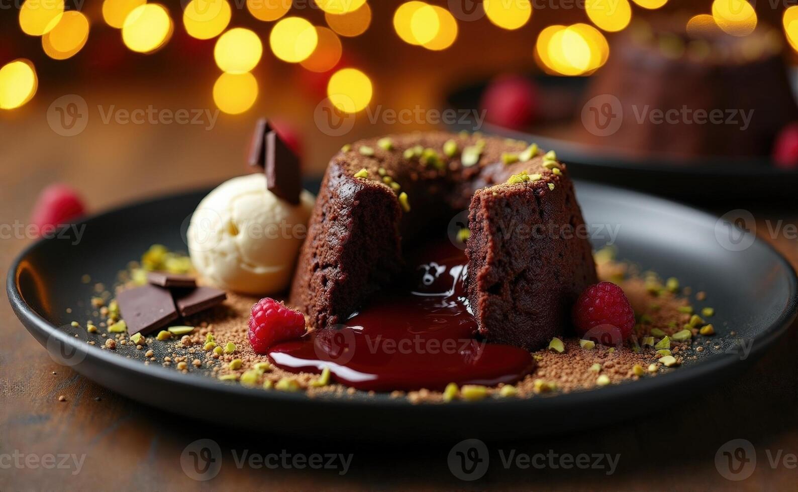 Decadent chocolate lava cake bursting with molten fudge and served elegantly photo