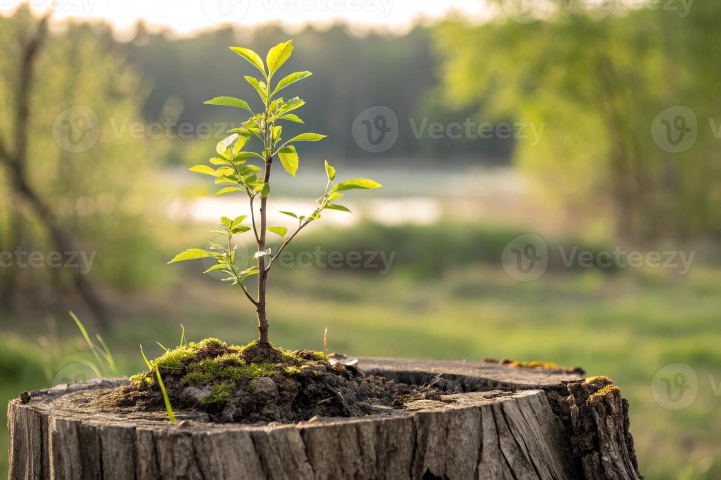 Young tree plant emerging from old tree stump-generated by ai photo