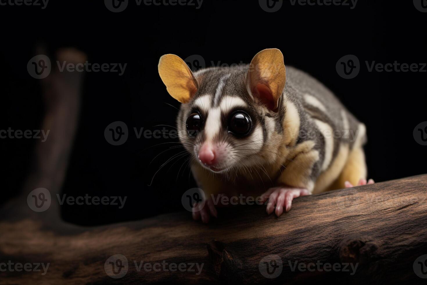 A sugar glider is sitting on a branch photo