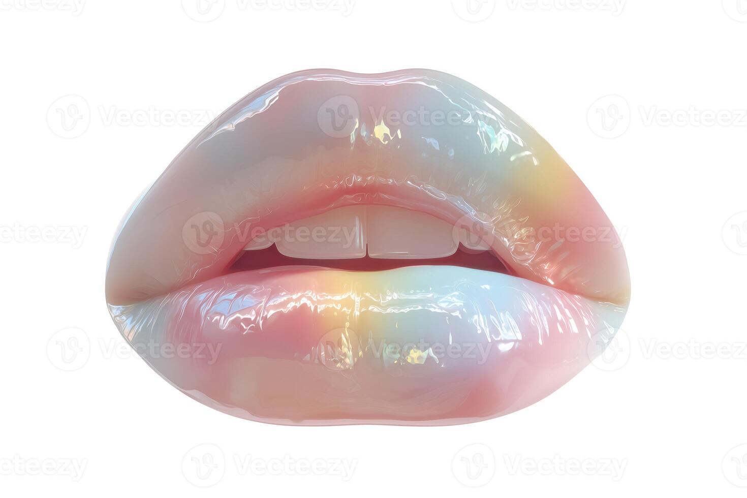 Digital painting of glossy rainbow lips in macro view on clean white background. Colorful and artistic beauty concept. photo