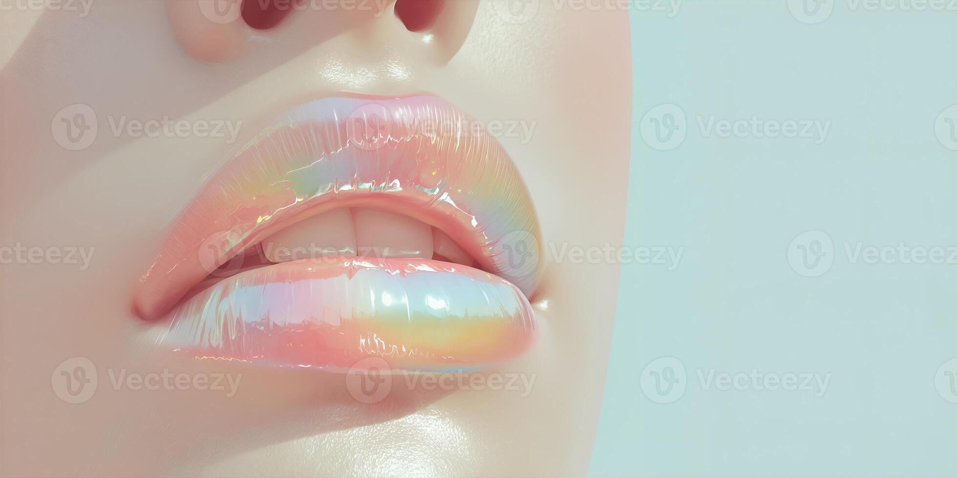 Digital painting of glossy rainbow lips in macro view with clean empty pastel background.. Colorful and artistic beauty concept. photo