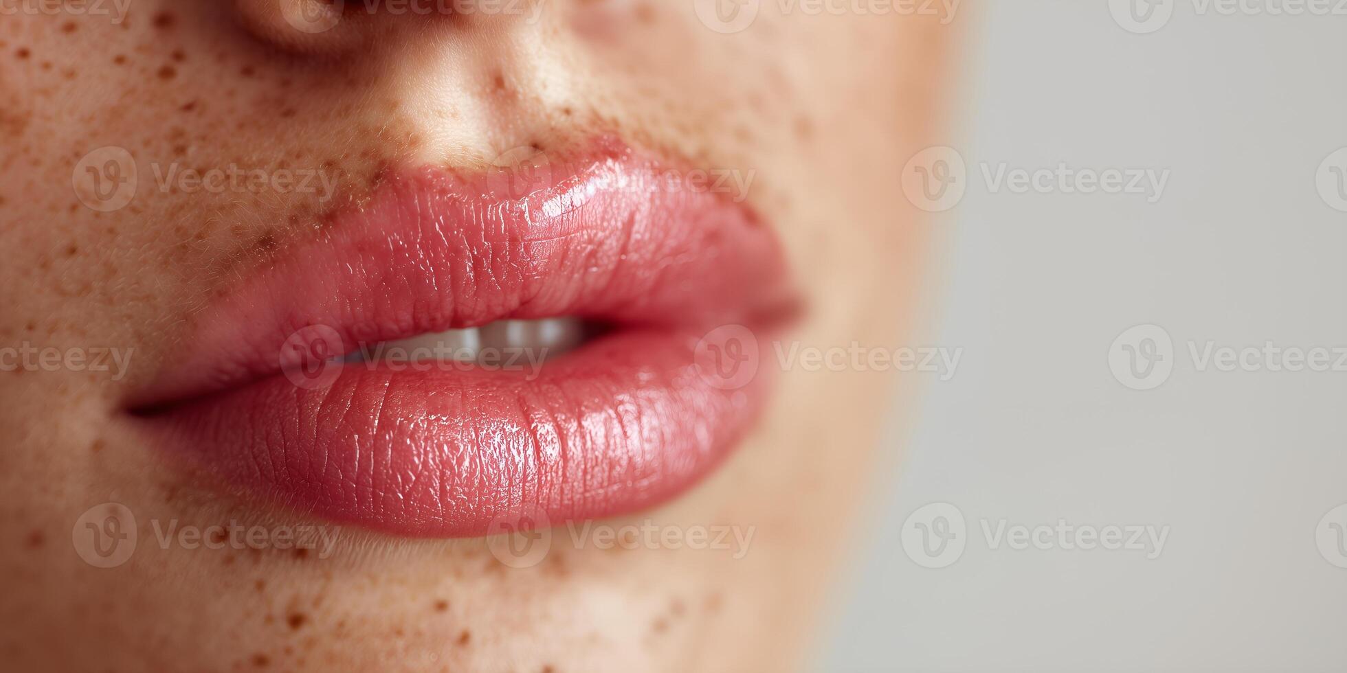 Macro photo of natural pink lips with freckles, soft daylight on a white background. Perfect for themes of authenticity, health, and minimal beauty.