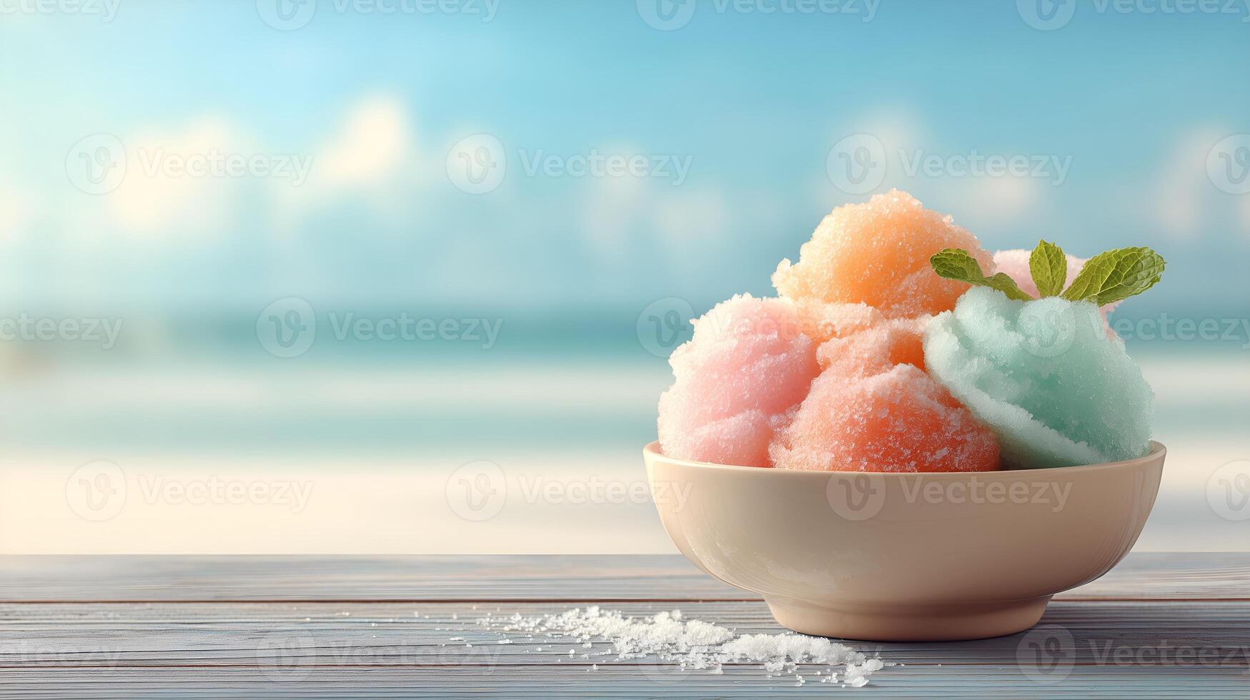Colorful Hawaiian shave ice in a cup on tropical background with blue skies and ocean. photo